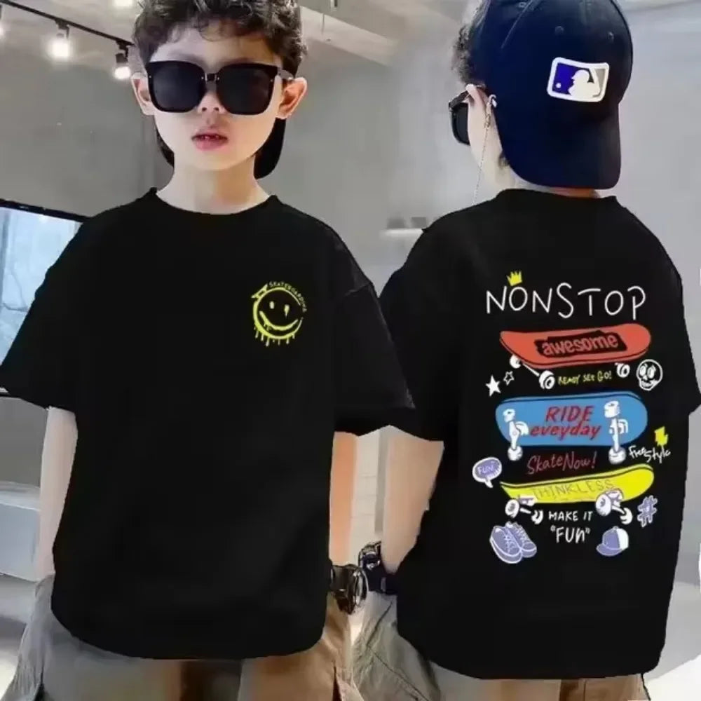 Cotton Kids T-shirt Summer Streetwear Cool Graffiti Print Boys Girls Short Sleeve Children Tops High Quality