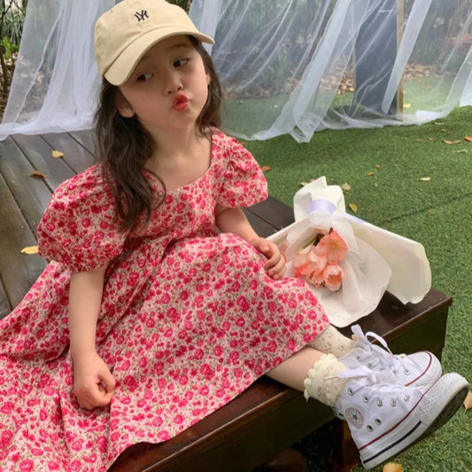 Summer New Red Square Neck Bubble Sleeve Floral Princess Dress for Birthday Parties Casual Clothes for Girls Aged 3-7