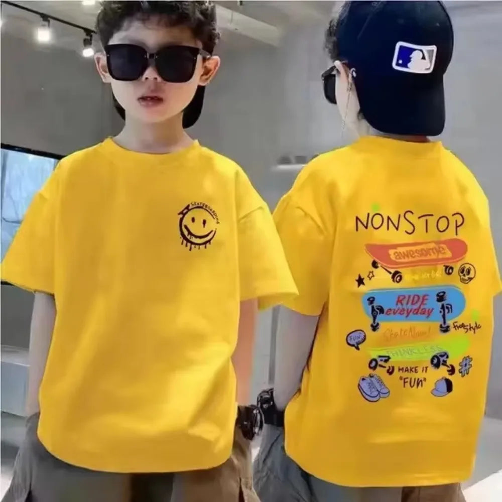 Cotton Kids T-shirt Summer Streetwear Cool Graffiti Print Boys Girls Short Sleeve Children Tops High Quality