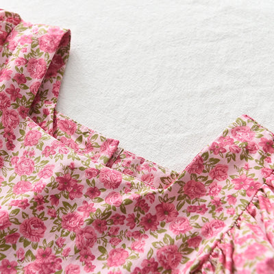 Summer New Red Square Neck Bubble Sleeve Floral Princess Dress for Birthday Parties Casual Clothes for Girls Aged 3-7