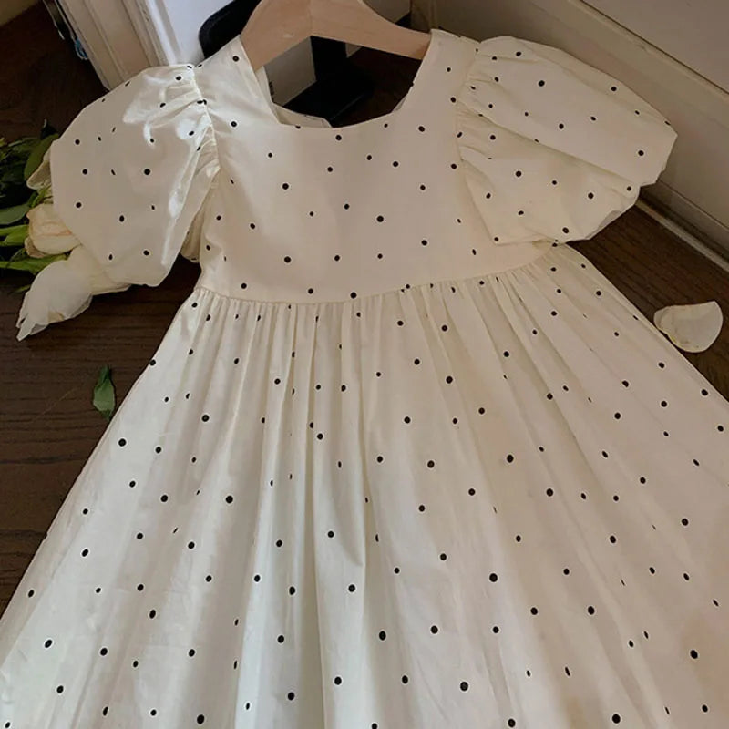2026 Summer New Baby Girls' Dress Dotted Bubble Sleeves Dress Kids Princess Dress Fashion Back Bow Square Neck Children's Dress