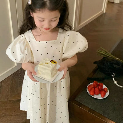 2026 Summer New Baby Girls' Dress Dotted Bubble Sleeves Dress Kids Princess Dress Fashion Back Bow Square Neck Children's Dress