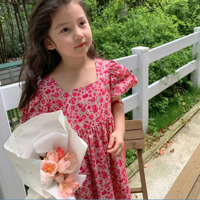 Summer New Red Square Neck Bubble Sleeve Floral Princess Dress for Birthday Parties Casual Clothes for Girls Aged 3-7