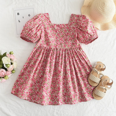Summer New Red Square Neck Bubble Sleeve Floral Princess Dress for Birthday Parties Casual Clothes for Girls Aged 3-7