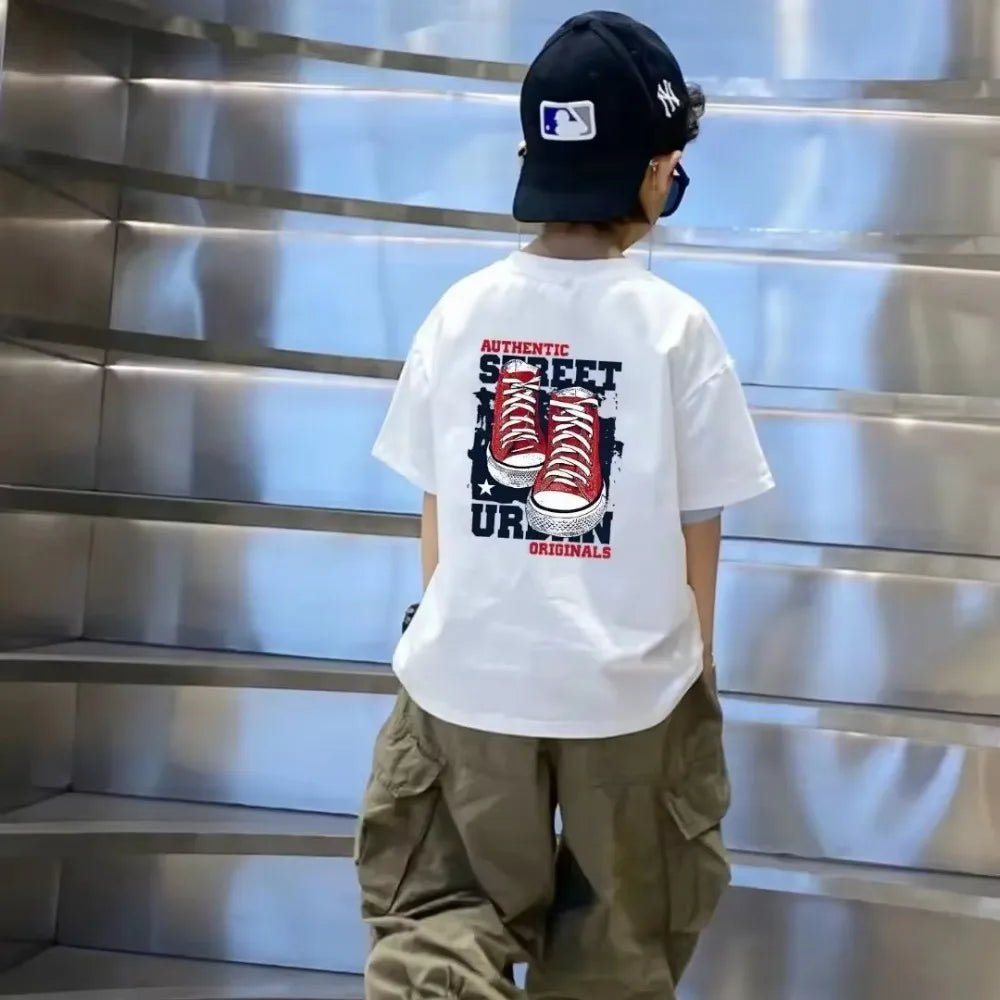 Cotton Kids T-shirt Summer Streetwear Cool Graffiti Print Boys Girls Short Sleeve Children Tops High Quality
