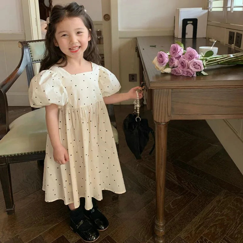 2026 Summer New Baby Girls' Dress Dotted Bubble Sleeves Dress Kids Princess Dress Fashion Back Bow Square Neck Children's Dress
