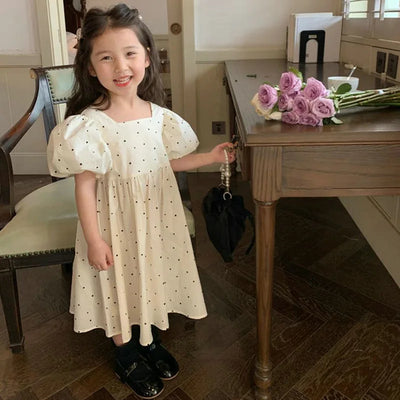 2026 Summer New Baby Girls' Dress Dotted Bubble Sleeves Dress Kids Princess Dress Fashion Back Bow Square Neck Children's Dress