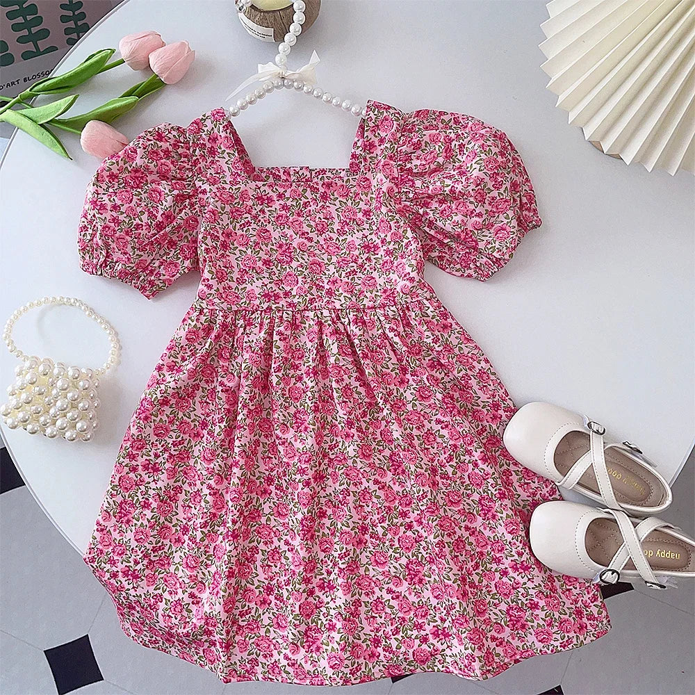 Summer New Red Square Neck Bubble Sleeve Floral Princess Dress for Birthday Parties Casual Clothes for Girls Aged 3-7