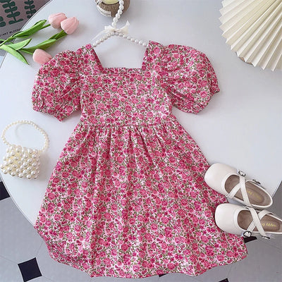 Summer New Red Square Neck Bubble Sleeve Floral Princess Dress for Birthday Parties Casual Clothes for Girls Aged 3-7
