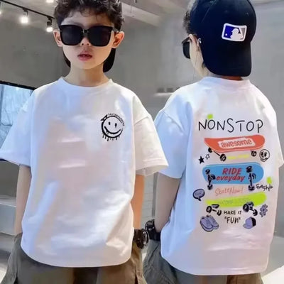 Cotton Kids T-shirt Summer Streetwear Cool Graffiti Print Boys Girls Short Sleeve Children Tops High Quality