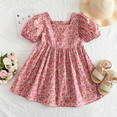 Summer New Red Square Neck Bubble Sleeve Floral Princess Dress for Birthday Parties Casual Clothes for Girls Aged 3-7