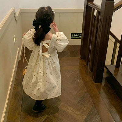 2026 Summer New Baby Girls' Dress Dotted Bubble Sleeves Dress Kids Princess Dress Fashion Back Bow Square Neck Children's Dress